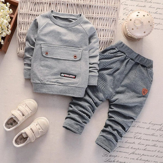 2PCS Baby Long Sleeve Set Baby Solid Large Pocket Pants Outfit - BabyHaven