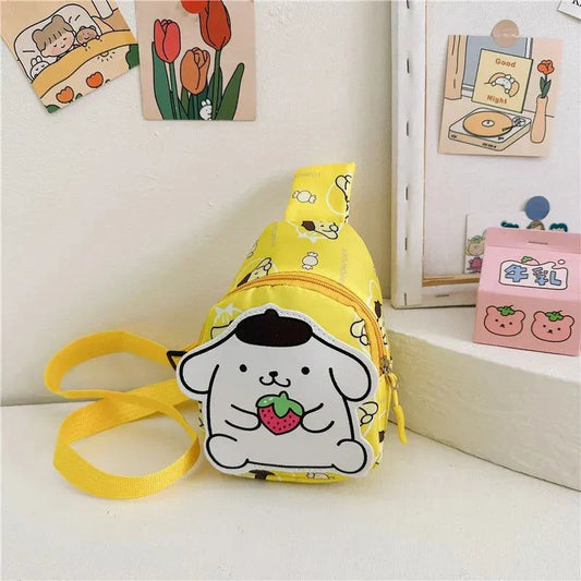 Yellow Hello Kitty kids bag with cute cartoon design and adjustable straps.