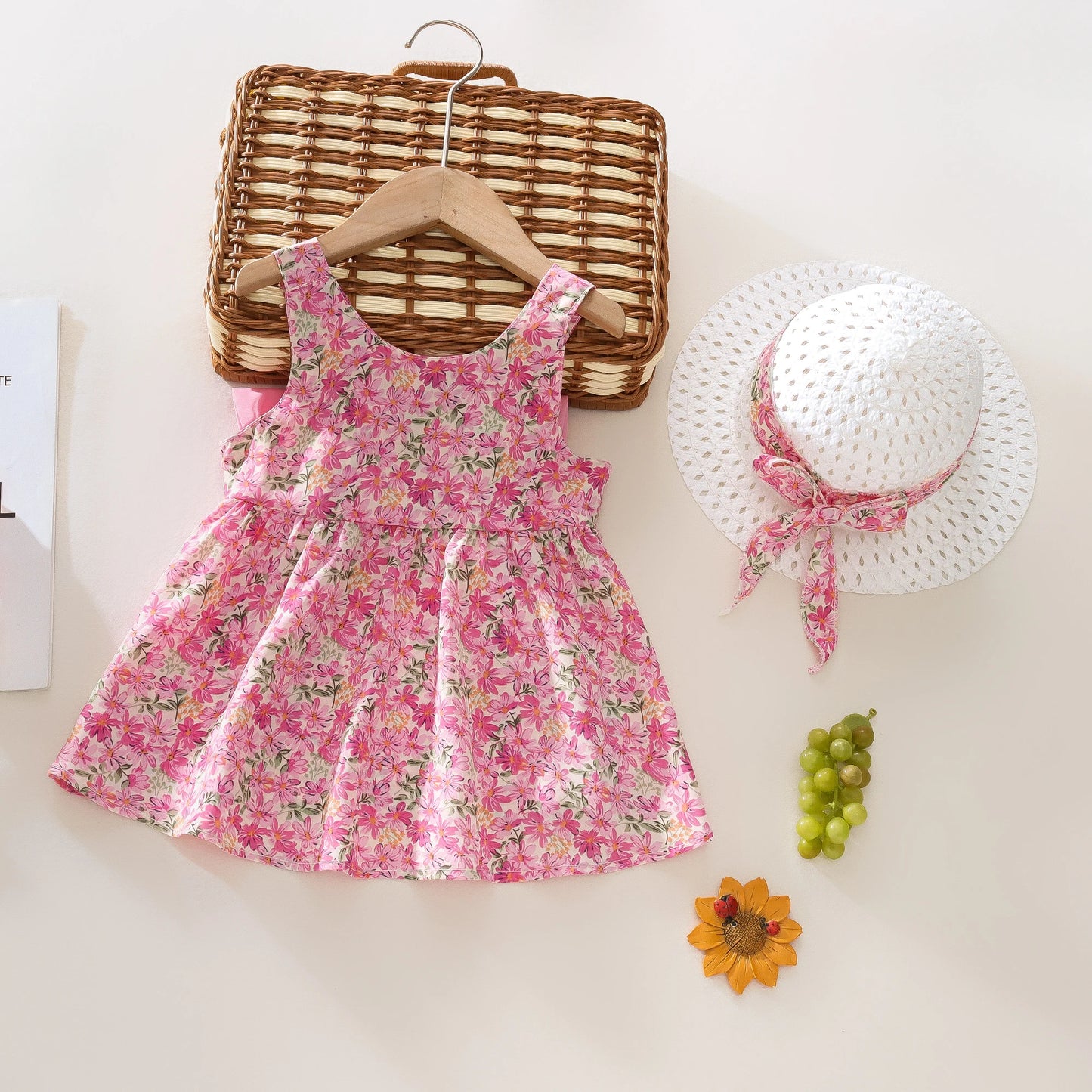 Summer 2 - Piece Baby Dress+Sun Hat Bow Strap Floral Baby Girl Dress Soft And Comfortable Children'S Clothing - BabyHaven