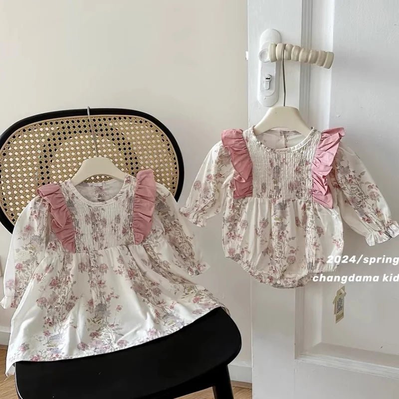 Autumn Sister Clothing Kids Princess Dresses Baby Romper Pink Floral - BabyHaven