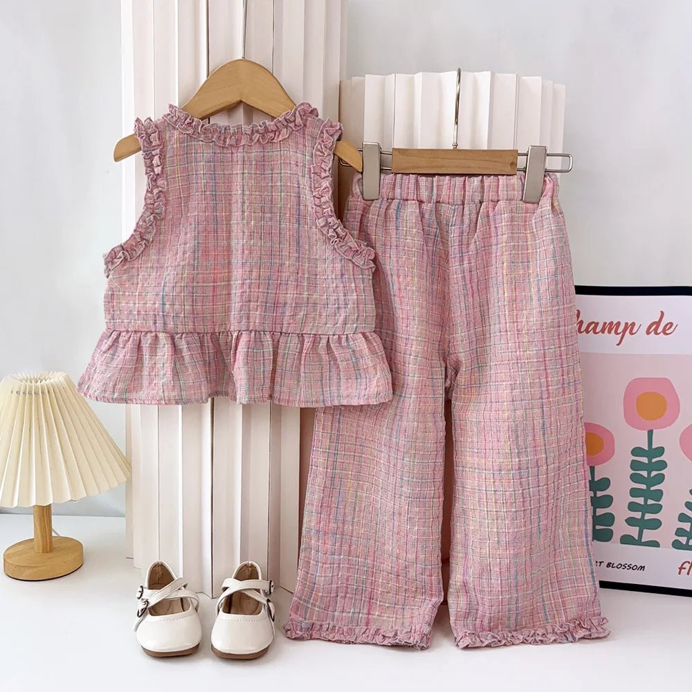 Pink Girls Summer Two Piece Set with Single Breasted Sleeveless Top and Casual Pants Kids Clothes - BabyHaven