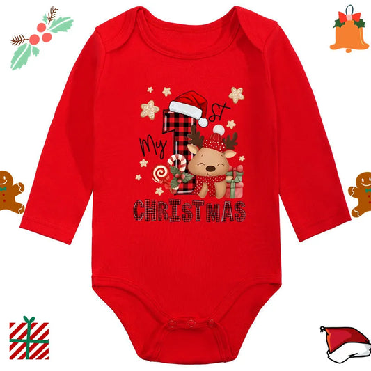 My 1st Christmas Santa Claus Elk Print Newborn Cute Long Sleeve Romper Red Cotton Baby Boys Girls Bodysuit