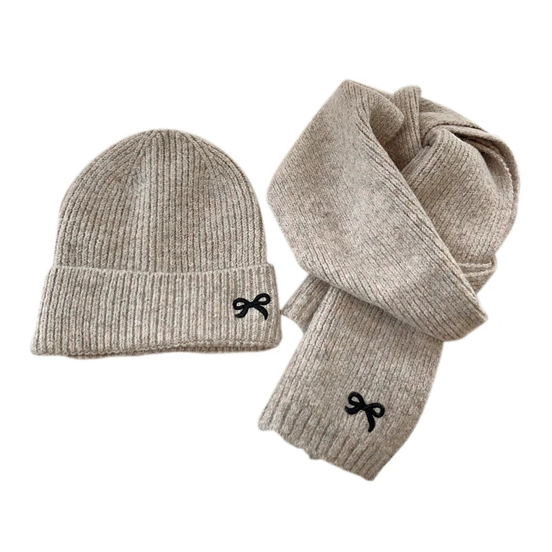 2024 Kids Knitted Hats Scarfs Set Cute Bow Embroidered Hat Trendy Solid Girls Baby Cap Winter Warm Children Accessories