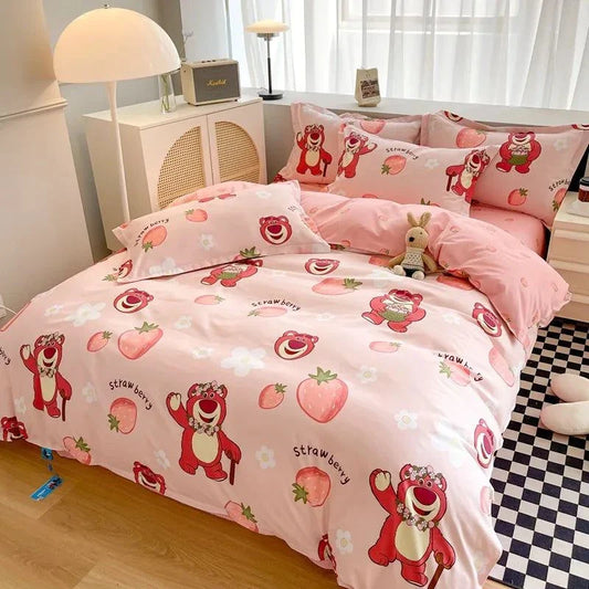 Disney 4-piece cotton bedding set with playful cartoon design, featuring a duvet cover, pillowcases, and flat sheet.