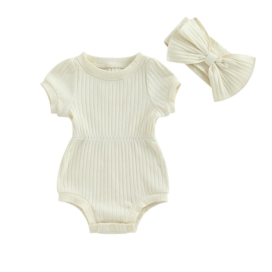 Newborn Baby Girl Clothes Solid Color Ribbed Knit Short Sleeve Romper Bodysuit Jumpsuit with Headband Summer Outfit - BabyHaven