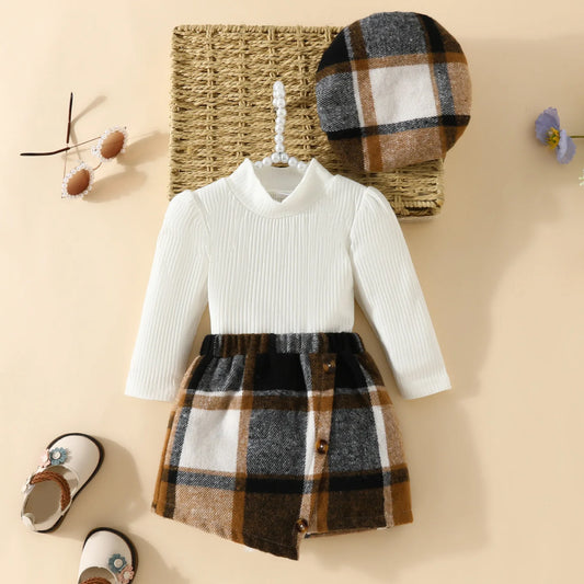 Infant Spring Autumn Long Sleeve Top and Dress Set 6 - 18 Months Baby Girl Houndstooth Skirt Beret - BabyHaven