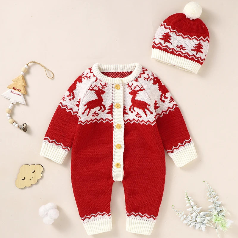 Sending Hats Baby Christmas Rompers Clothes Red Reindeer Knit Newborn Boy Girl Jumpsuits Winter Infant Kids New Year Playsuits