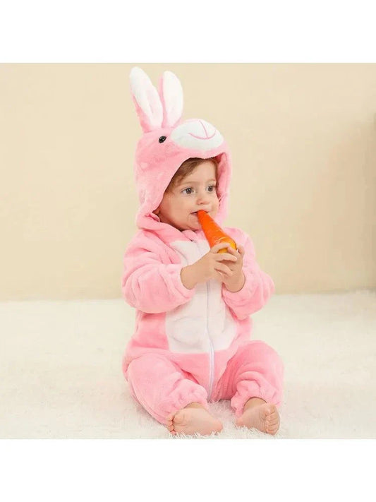 Cute pink baby/toddler jumpsuit with bunny ears, perfect for comfort and play.