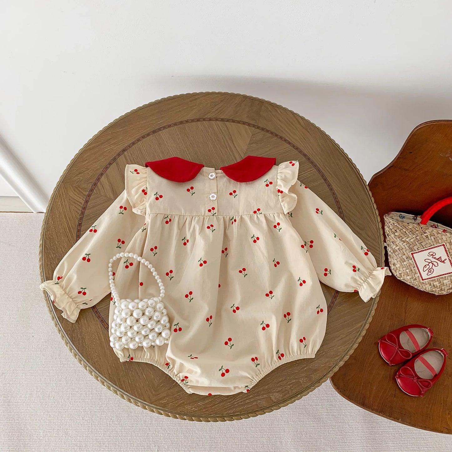 New Autumn Baby Clothes Sweet Cherry Printed Girls Bodysuit Newborn Peter Pan Collar Princess Clothing Toddler One Piece - BabyHaven