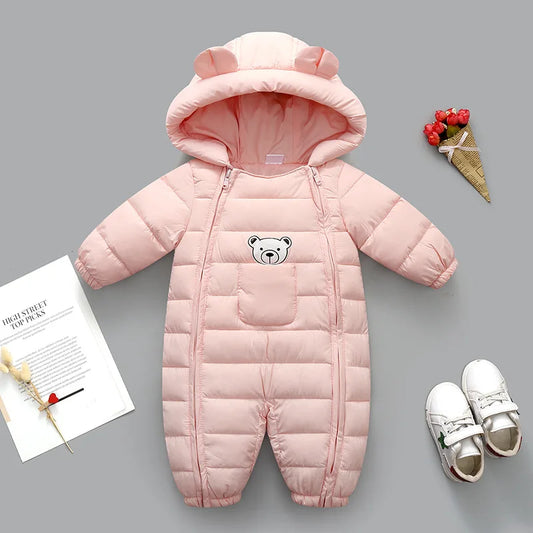 2025 Autumn Winter Baby Girls Romper Hooded Thick Cartoon Ear Cotton Baby Boys Snowsuit Newborn Jumpsuit Toddler Overalls