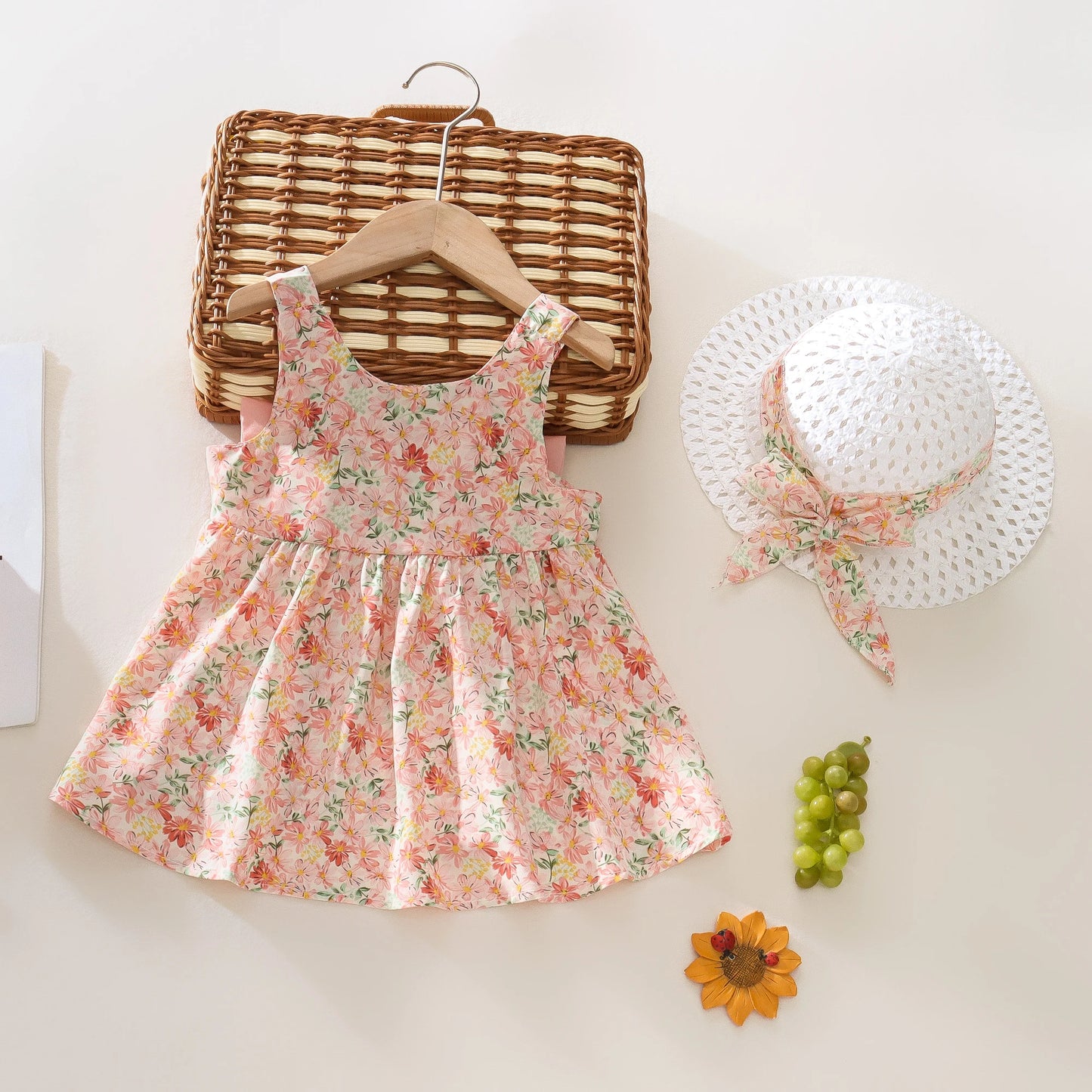 Summer 2 - Piece Baby Dress+Sun Hat Bow Strap Floral Baby Girl Dress Soft And Comfortable Children'S Clothing - BabyHaven