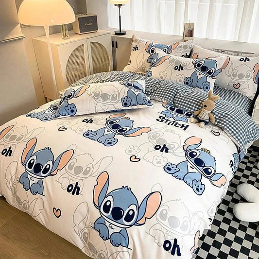 Disney 4-piece cotton bedding set with playful cartoon design in bedroom setting.