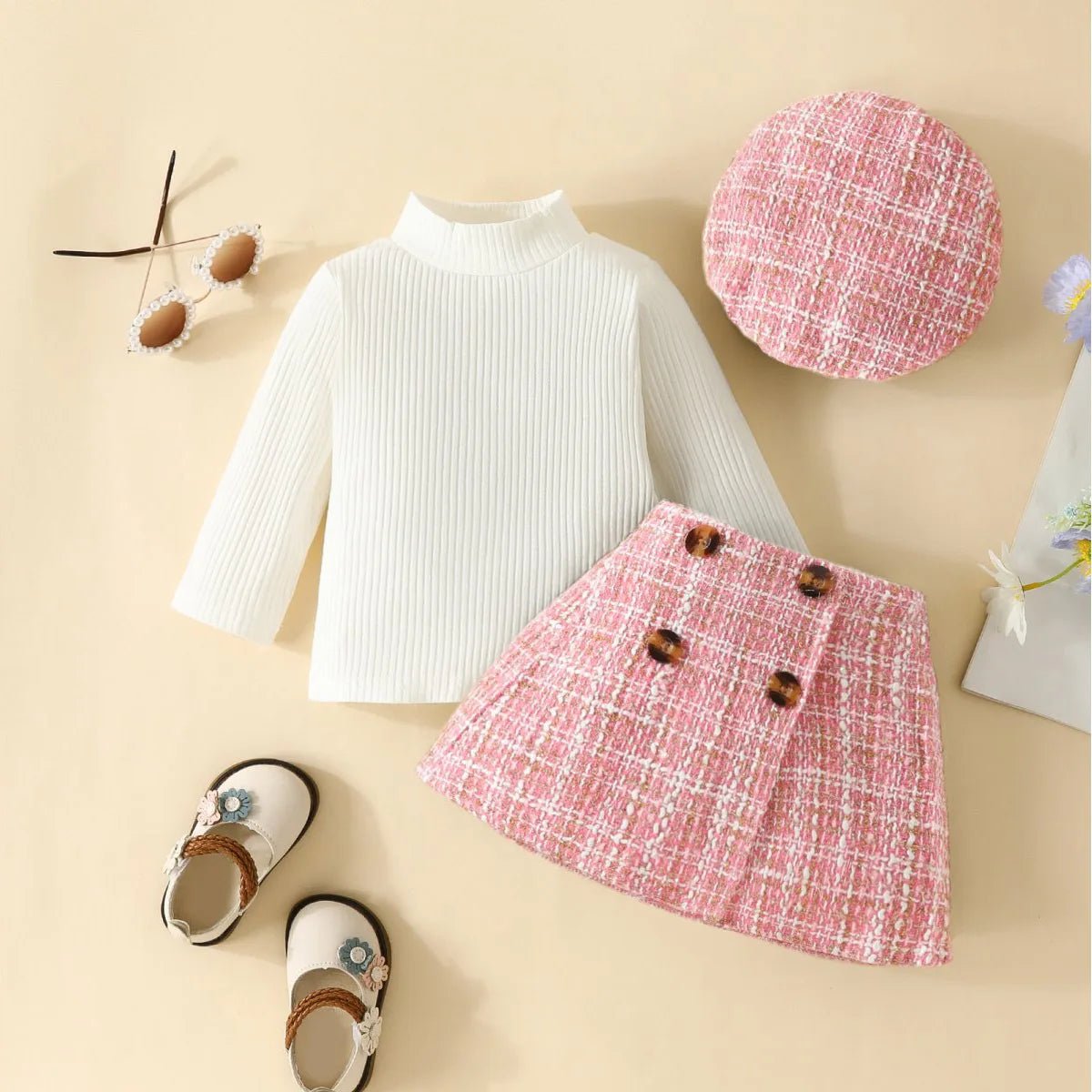 Infant Spring Autumn Long Sleeve Top and Dress Set 6 - 18 Months Baby Girl Houndstooth Skirt Beret - BabyHaven