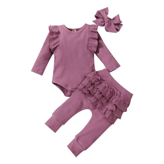 Newborn Baby Girls Clothes Infant Long Sleeve Ruffle Romper Bodysuits+Pants+Bow Headband 3Pcs Suit Children Toddler Outfit A422 - BabyHaven