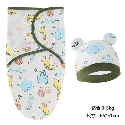 Baby Blanket Hat Set Cartoon Printed Cotton Newborn Swaddle - BabyHaven