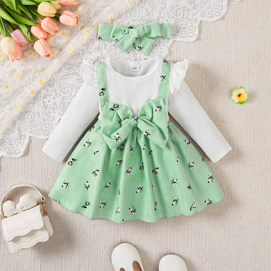 2pc/Set childrens' baby girl Dress Color blocking Broken flowers Big Bow Princess Dress+Headband 0-24 Months Baby Fashion Dress