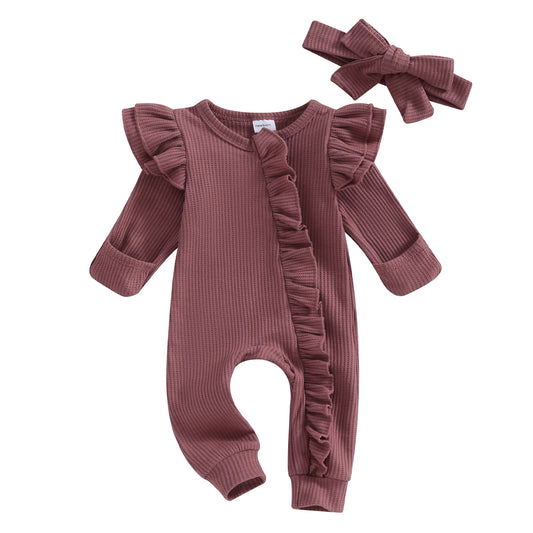 Newborn Infant Baby Girl Clothes Ruffle Zipper Romper Long Sleeve Jumpsuit Fall Winter Clothes - BabyHaven