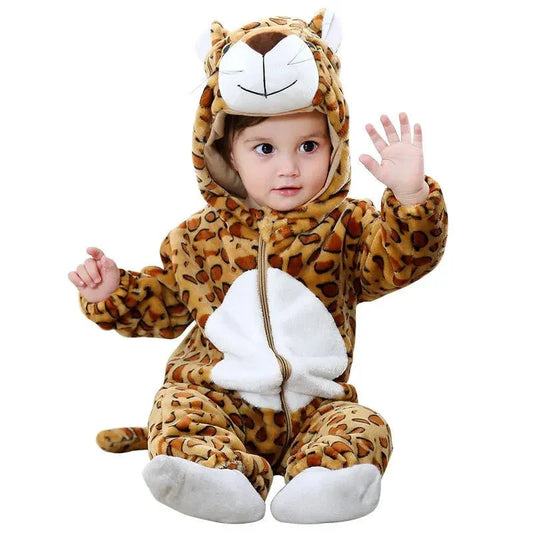 Cute baby/toddler in animal-themed jumpsuit, comfortable polyester outfit with playful design.