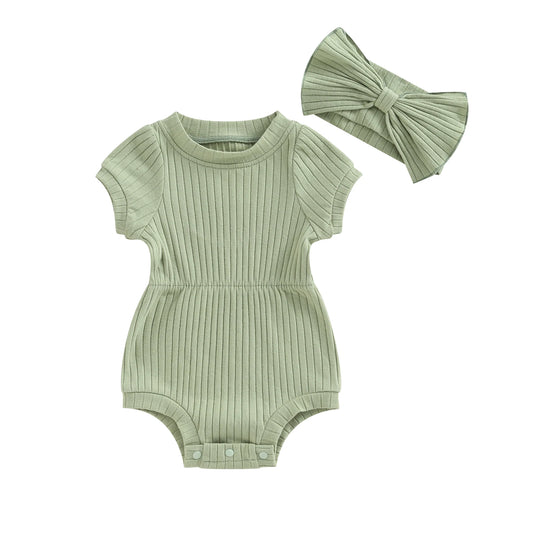 Newborn Baby Girl Clothes Solid Color Ribbed Knit Short Sleeve Romper Bodysuit Jumpsuit with Headband Summer Outfit - BabyHaven