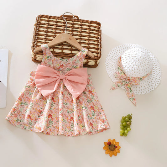 Summer 2 - Piece Baby Dress+Sun Hat Bow Strap Floral Baby Girl Dress Soft And Comfortable Children'S Clothing - BabyHaven