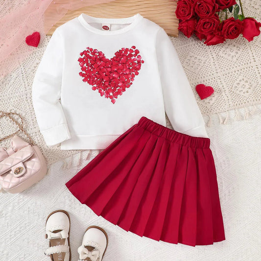 Spring 3 - 10y Kids Girls Heart Print Tops Pleated Skirt Set - BabyHaven