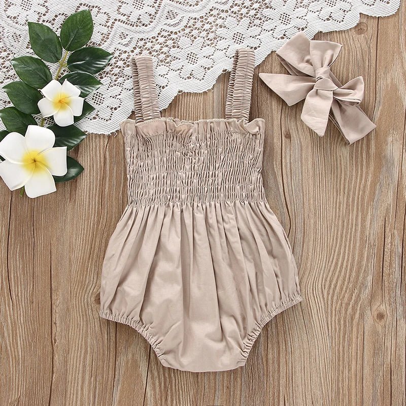 Infant Baby Girl Casual Sleeveless Romper Bodysuit with Headband Summer Outfit - BabyHaven