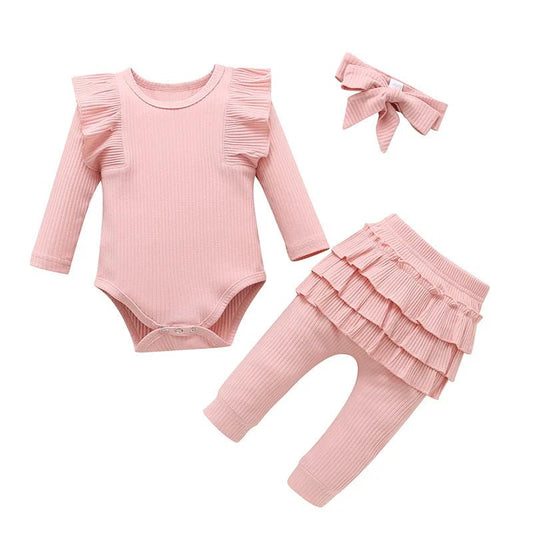 Newborn Baby Girls Clothes Infant Long Sleeve Ruffle Romper Bodysuits+Pants+Bow Headband 3Pcs Suit Children Toddler Outfit A422 - BabyHaven
