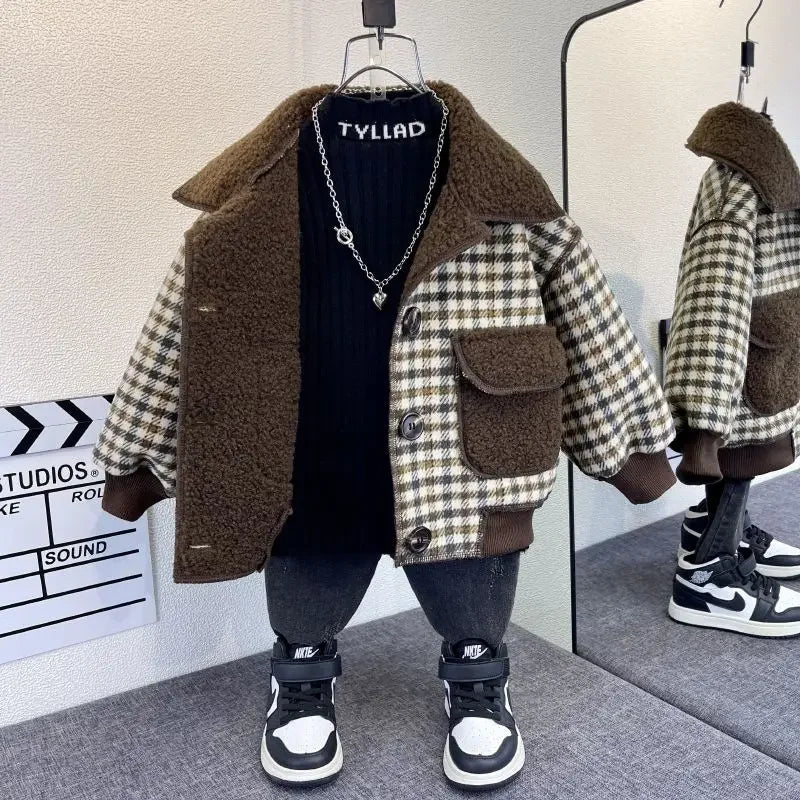 Girl Children's Clothing Fleece Plaid Single Breasted Jacket 2025 New Boy Autumn Winter Jacket Baby One-piece Fleece Top