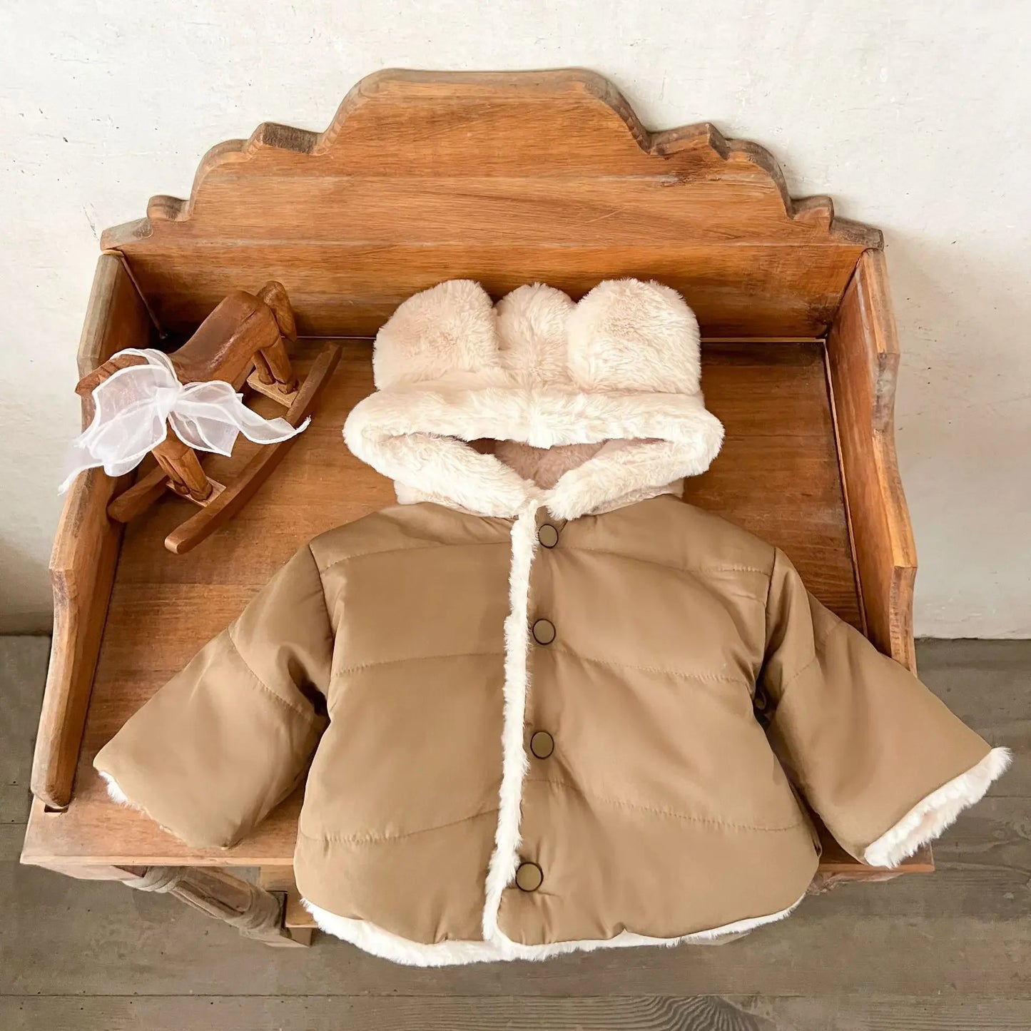Korean Style Baby Boys Girls Winter Coat Fleece Lined Thickened Cotton Padded Jacket Cute Bear Ear Hooded Warm Outerwear