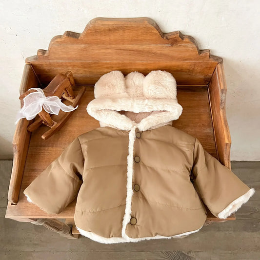 Korean Style Baby Boys Girls Winter Coat Fleece Lined Thickened Cotton Padded Jacket Cute Bear Ear Hooded Warm Outerwear