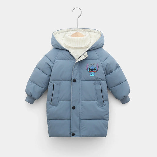 Disney Stitch Kids Long Winter Jacket Thicken Warm Cotton Coat for Boys And Girls Autumn Teen Outerwear Big Children's Clothes