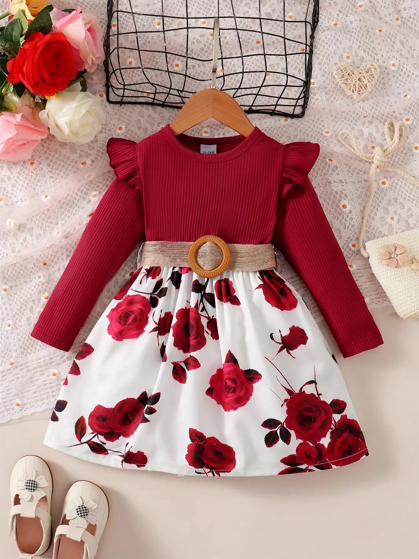 Children Girls Fashion Dress Red Long Sleeved Flower Skirt - BabyHaven