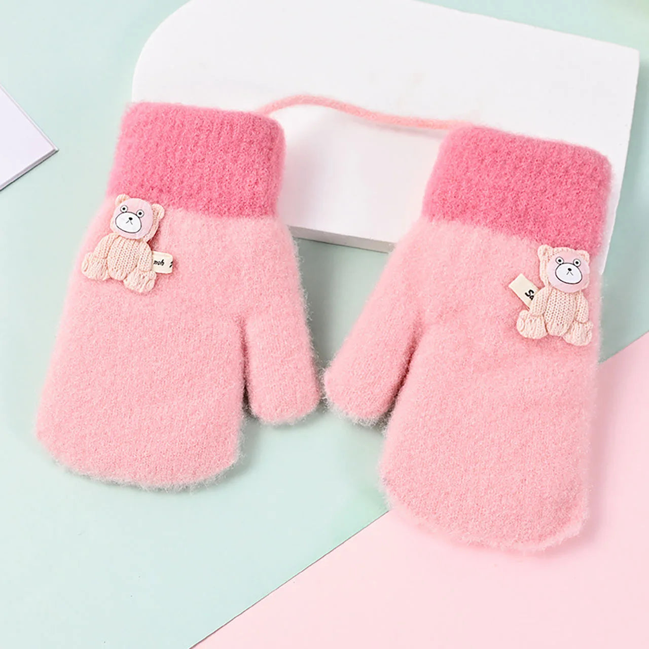 Cute Bear Kids Plush Hanging Neck Mittens Boys Girls Anti Cold Warm Hand Cover 3-7year Children Woolen Glove Winter Baby Thermal