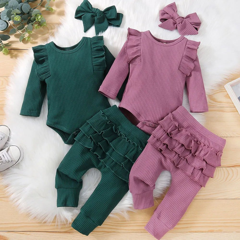 Newborn Baby Girls Clothes Infant Long Sleeve Ruffle Romper Bodysuits+Pants+Bow Headband 3Pcs Suit Children Toddler Outfit A422 - BabyHaven