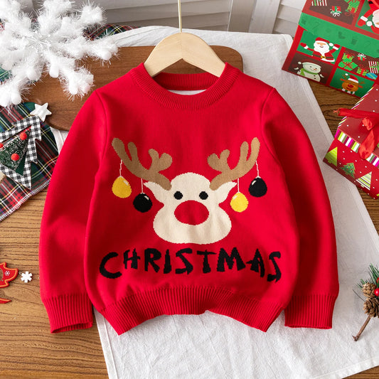 Boys and girls Christmas reindeer pattern sweater knitted pullover suitable for Christmas parties in spring, autumn, and winter