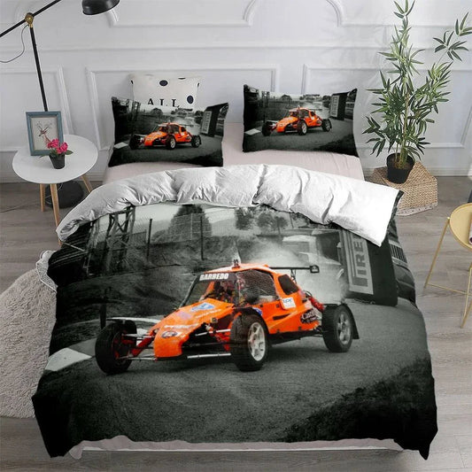 Vincent car cover set with 100% polyester duvet and two pillowcases featuring race car design.