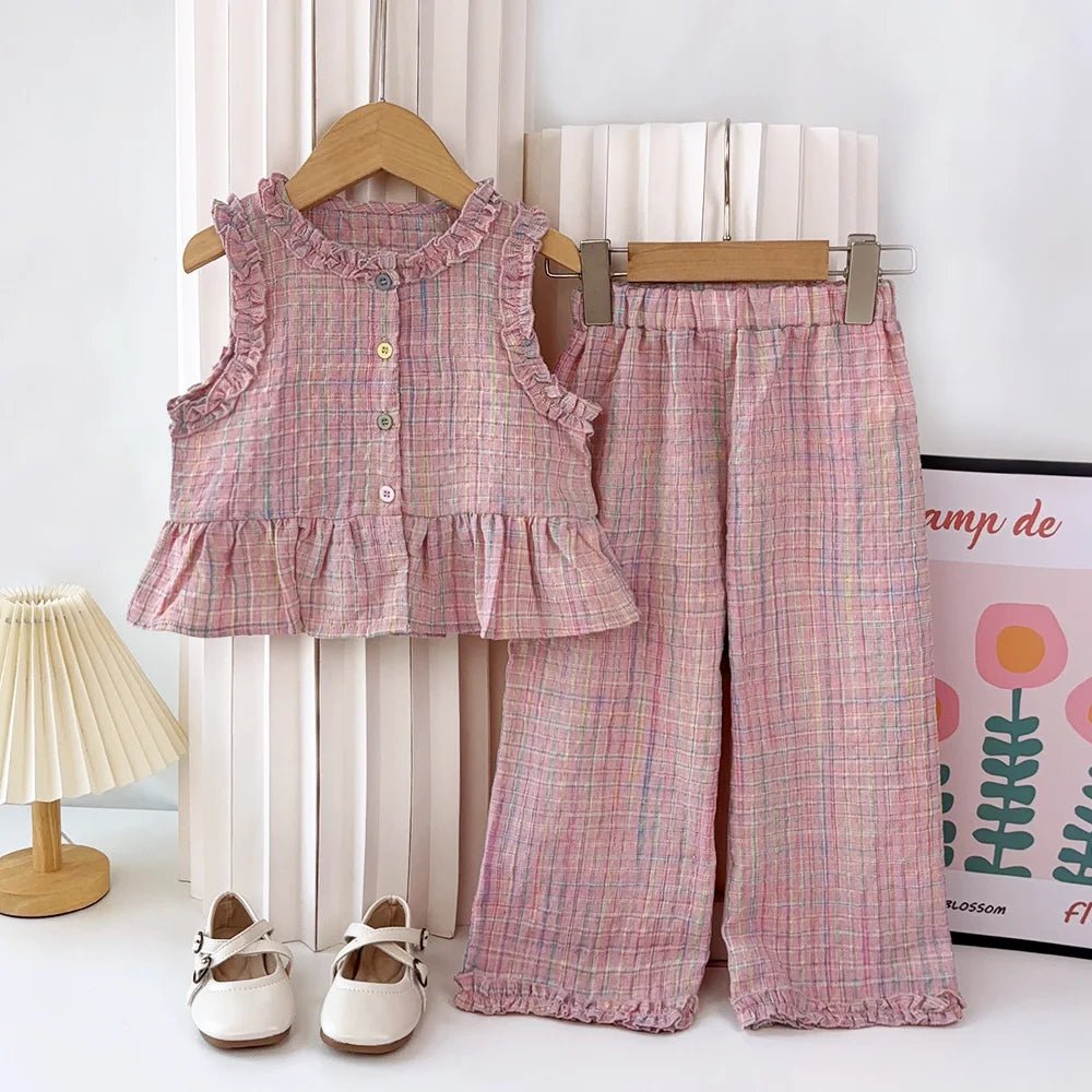 Pink Girls Summer Two Piece Set with Single Breasted Sleeveless Top and Casual Pants Kids Clothes - BabyHaven
