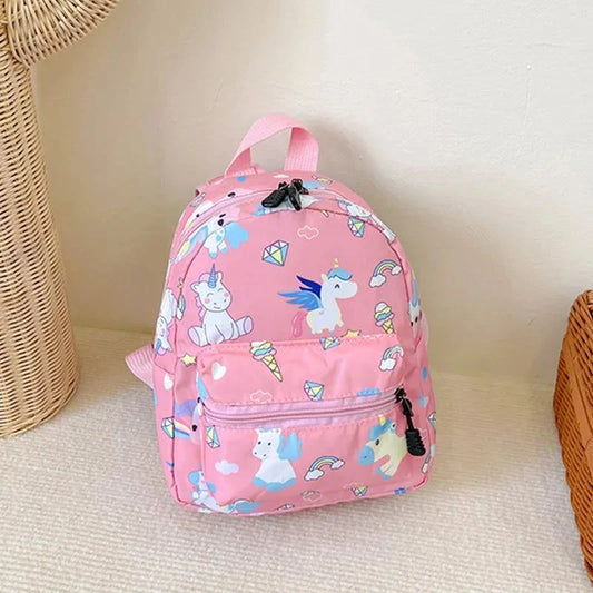Pink baby backpack with cute animal print design for ages 2-6, made of durable nylon.