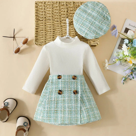 Infant Spring Autumn Long Sleeve Top and Dress Set 6 - 18 Months Baby Girl Houndstooth Skirt Beret - BabyHaven