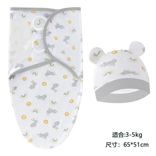 Baby Blanket Hat Set Cartoon Printed Cotton Newborn Swaddle - BabyHaven