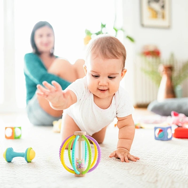 Baby Rattle Toy Wooden Rain Drum With Silicone Baby Sensory Touch Toy Newborn Dental Care Gum Anti - eating Hand Molar Stick Gif - BabyHaven