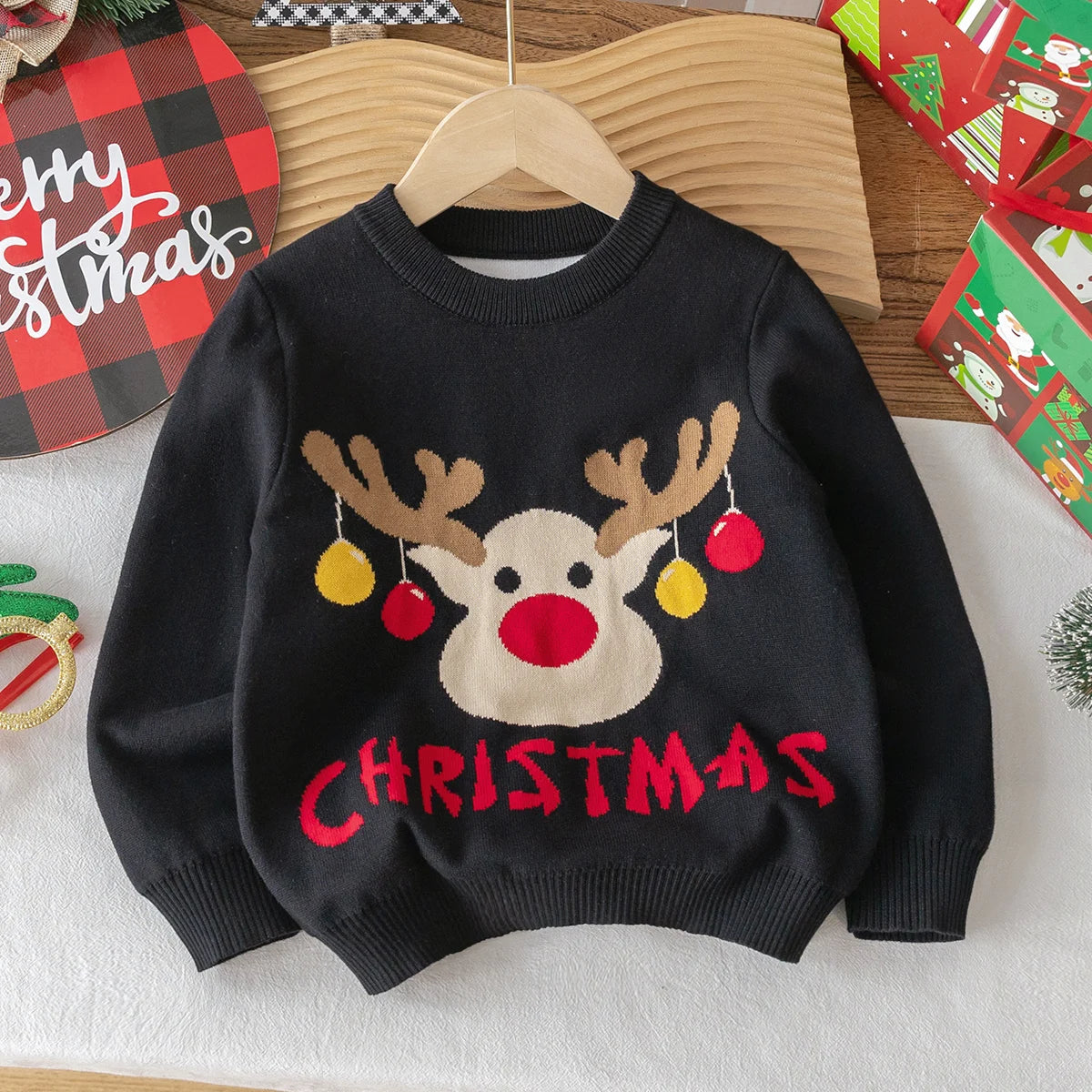 Boys and girls Christmas reindeer pattern sweater knitted pullover suitable for Christmas parties in spring, autumn, and winter
