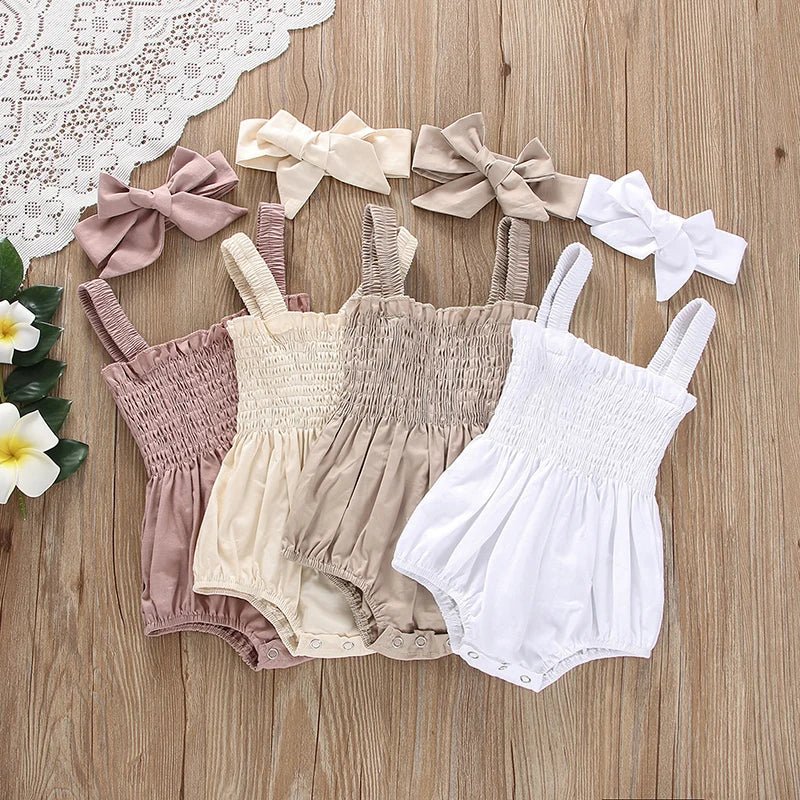 Infant Baby Girl Casual Sleeveless Romper Bodysuit with Headband Summer Outfit - BabyHaven