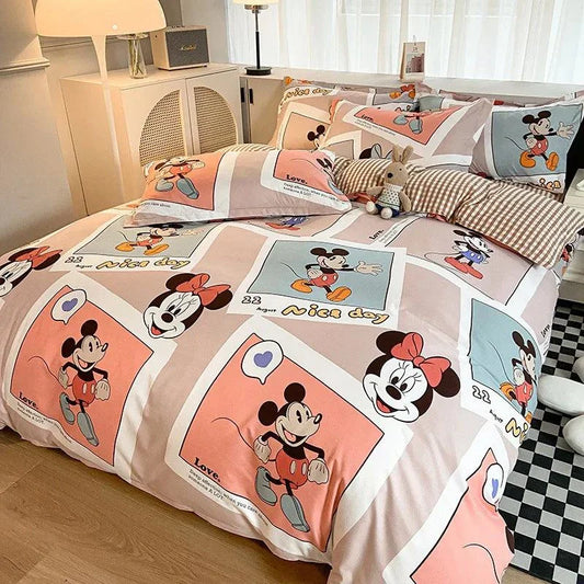 Disney 4-Piece Cotton Bedding Set with Mickey Mouse design; cozy, colorful, and perfect for Disney fans.