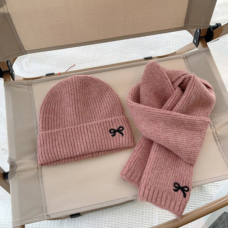2024 Kids Knitted Hats Scarfs Set Cute Bow Embroidered Hat Trendy Solid Girls Baby Cap Winter Warm Children Accessories
