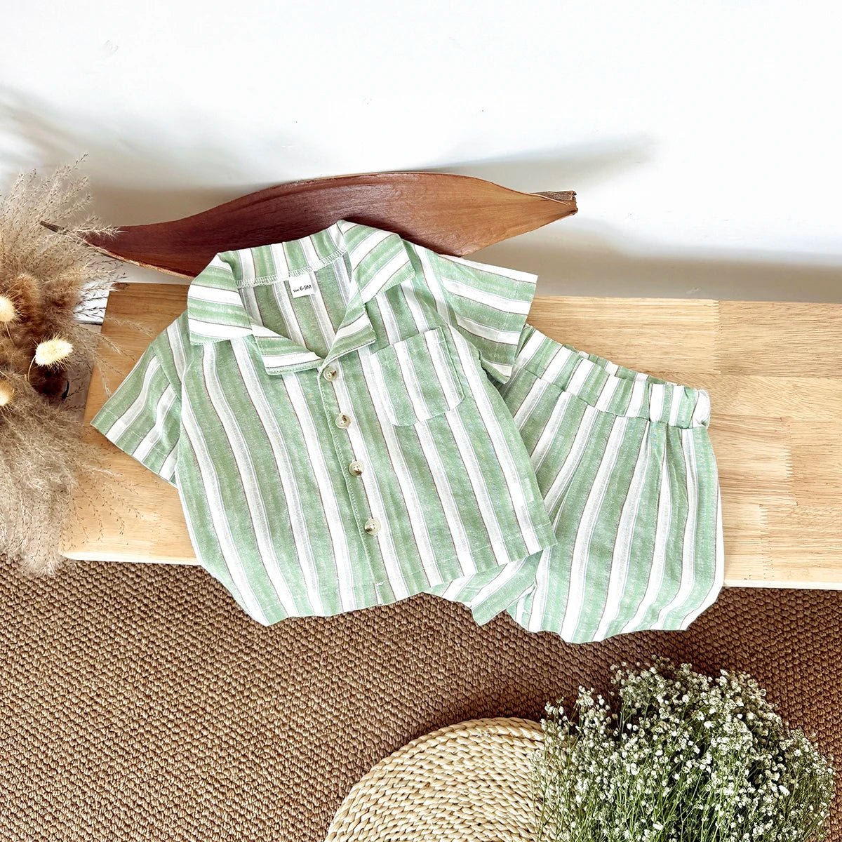 Newborn Baby Boys Girls Clothing Summer Set Green Stripe Buttoned Shirt Shorts 2Pcs Set - BabyHaven