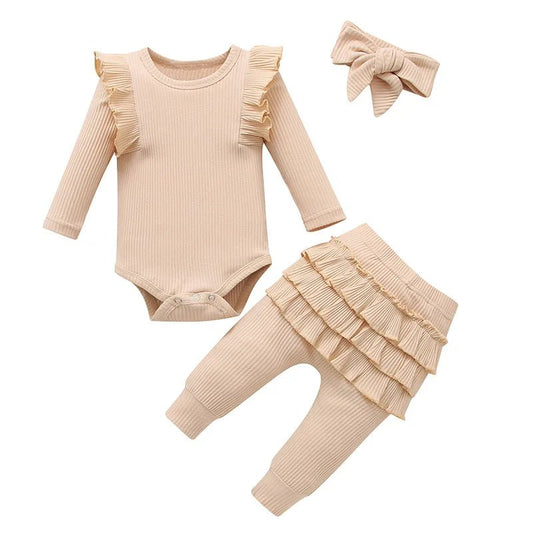 Newborn Baby Girls Clothes Infant Long Sleeve Ruffle Romper Bodysuits+Pants+Bow Headband 3Pcs Suit Children Toddler Outfit A422 - BabyHaven