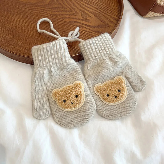 Winter Warm Knitted Baby Gloves Cute Cartoon Bear Boys Girls Full Finger Mittens With Ropes Outdoor Windproof Kids Mittens