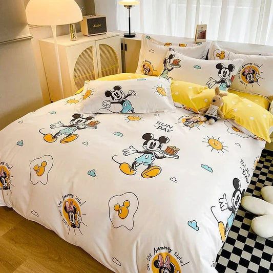 Disney 4-piece cotton bedding set with playful cartoon design featuring Mickey Mouse characters.