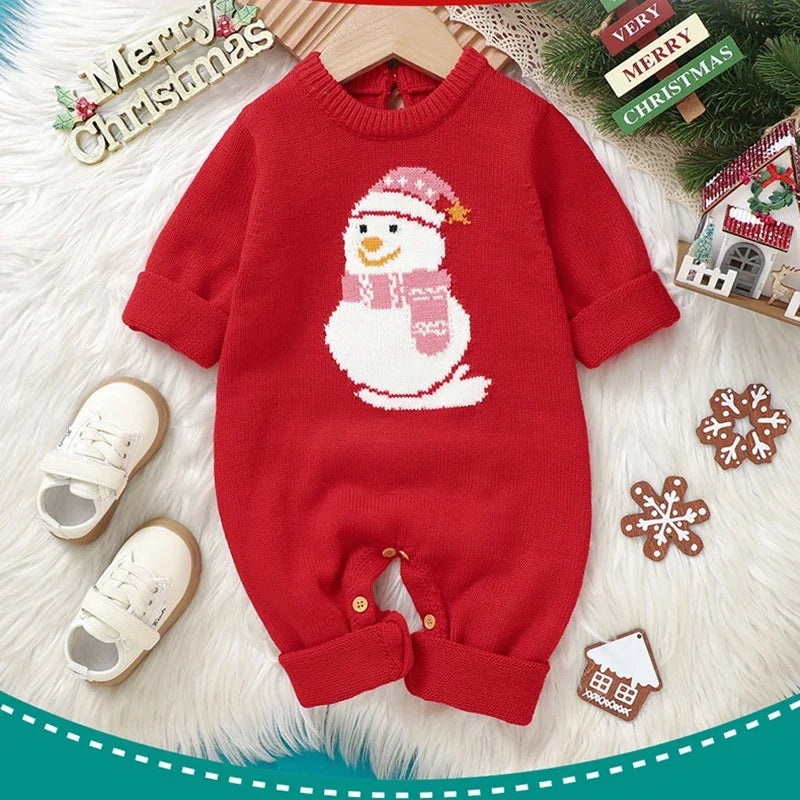 Christmas Rompers Red Winter Newborn Reindeer Knit Infant Boys Girl Long Sleeve Cartoon Snowman Rompers Toddler Outwear Clothes
